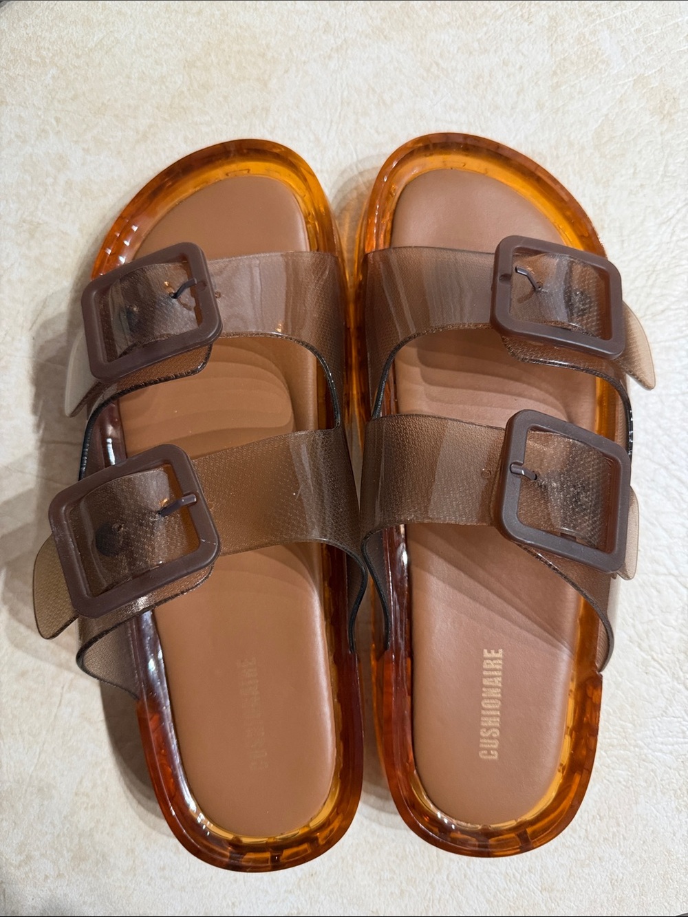 Brown Transparent Double-Buckle Slide Sandals
